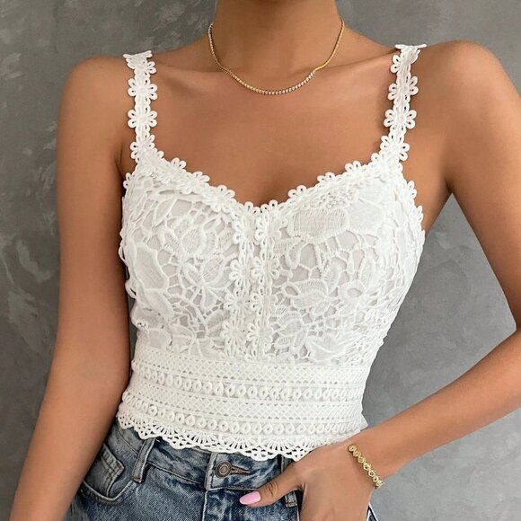 Boho Womens Guipure Lace Cami Top White - Picture 1 of 5